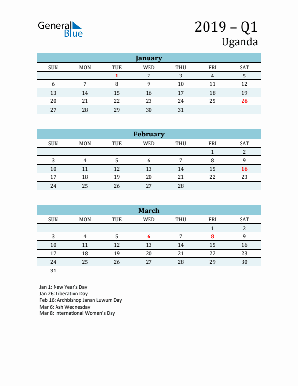 Three-Month Planner for Q1 2019 with Holidays - Uganda