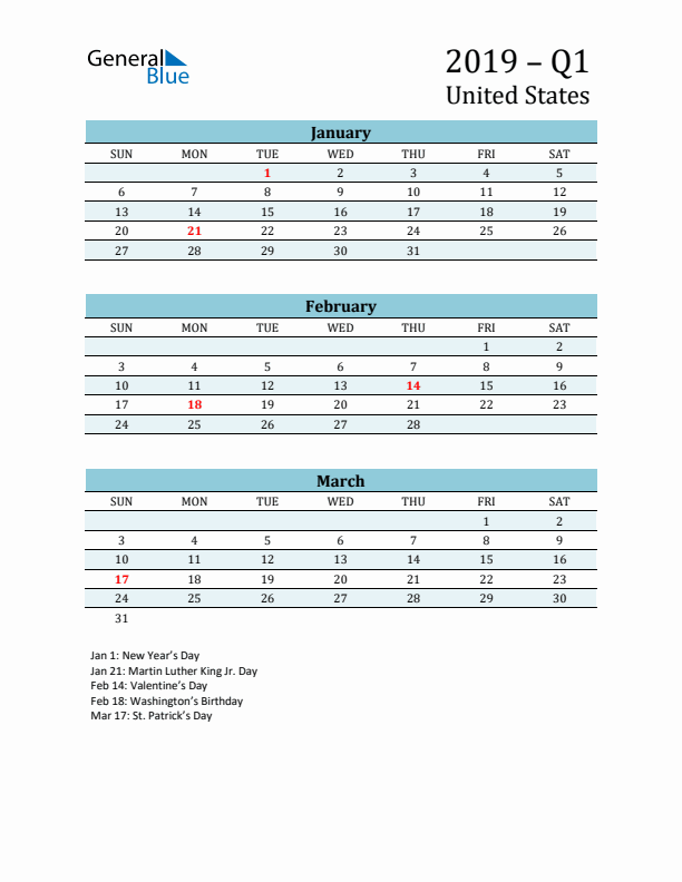 Three-Month Planner for Q1 2019 with Holidays - United States