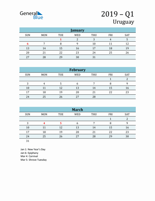 Three-Month Planner for Q1 2019 with Holidays - Uruguay