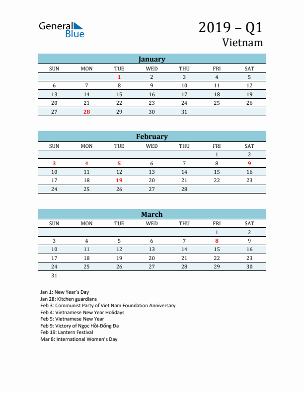 Three-Month Planner for Q1 2019 with Holidays - Vietnam