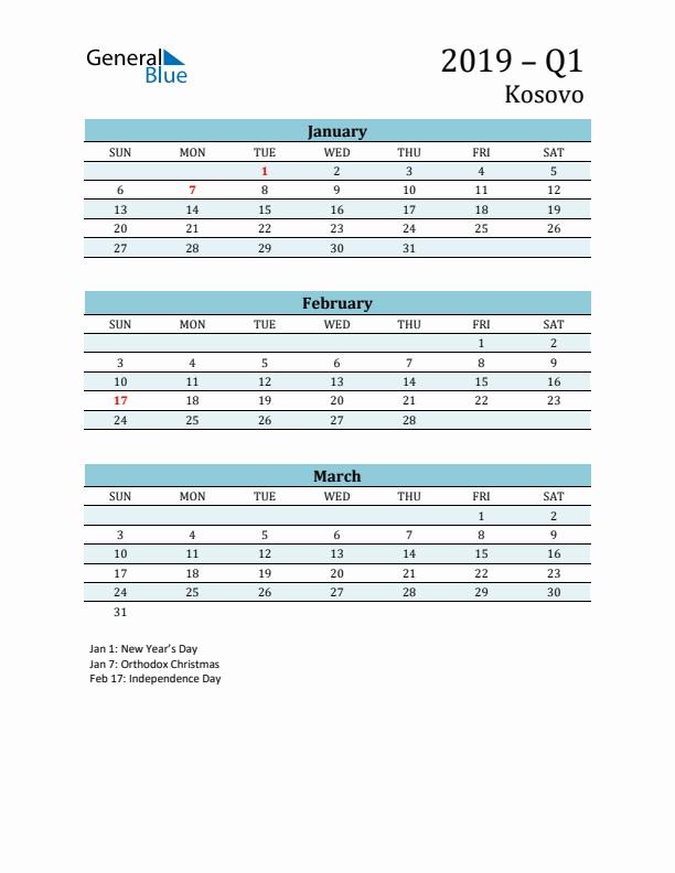 Three-Month Planner for Q1 2019 with Holidays - Kosovo