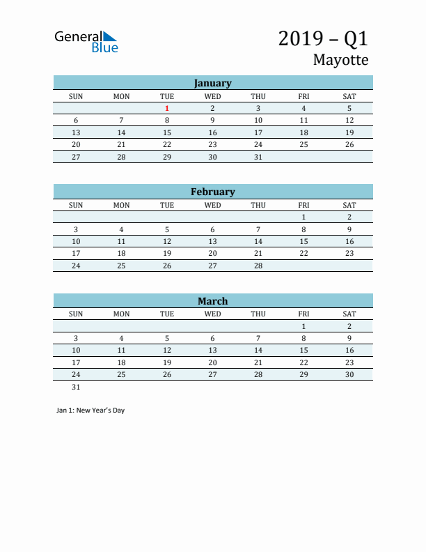 Three-Month Planner for Q1 2019 with Holidays - Mayotte