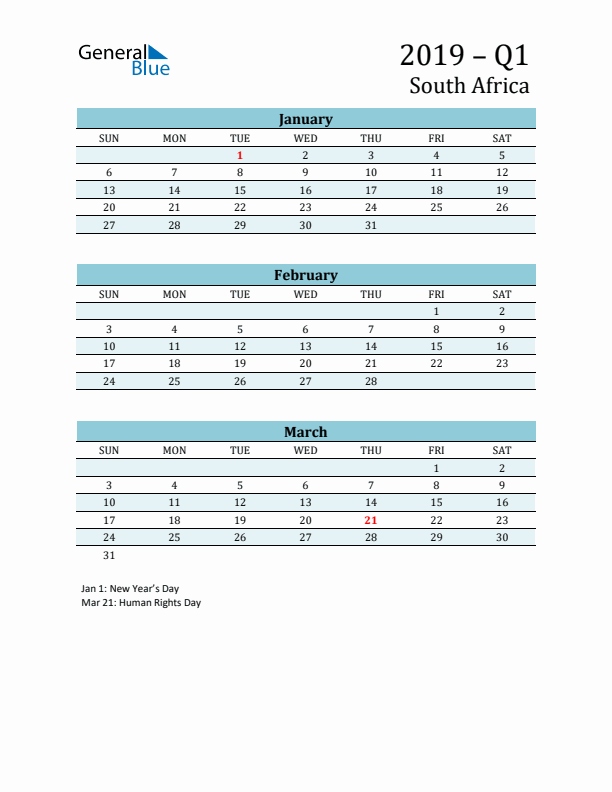 Three-Month Planner for Q1 2019 with Holidays - South Africa