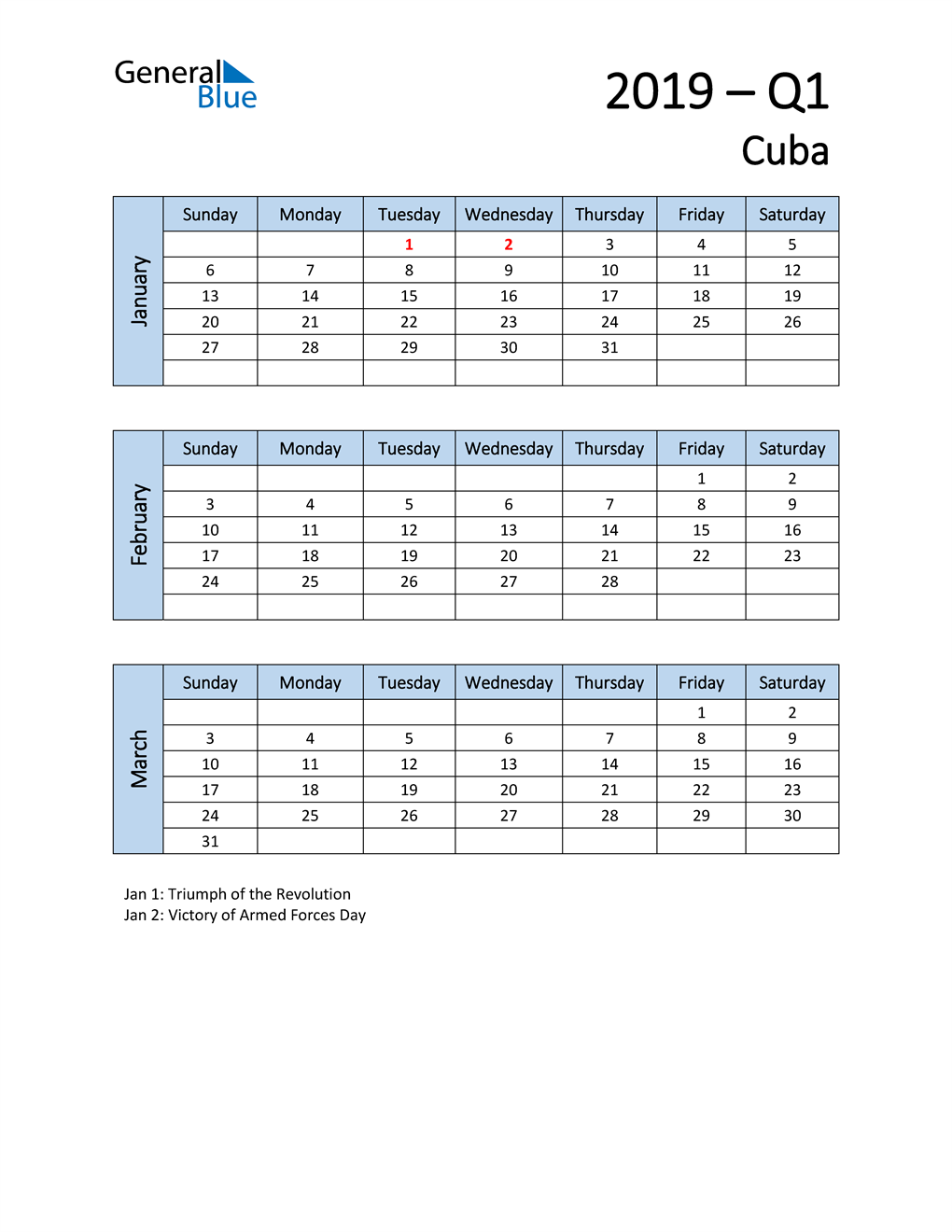  Free Q1 2019 Calendar for Cuba