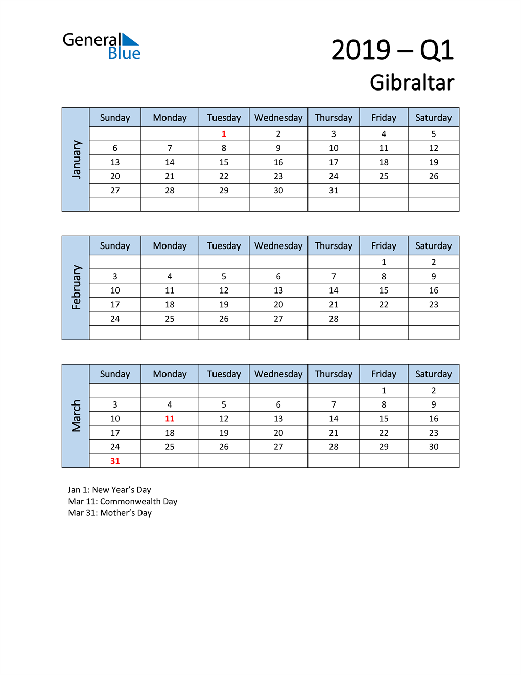  Free Q1 2019 Calendar for Gibraltar