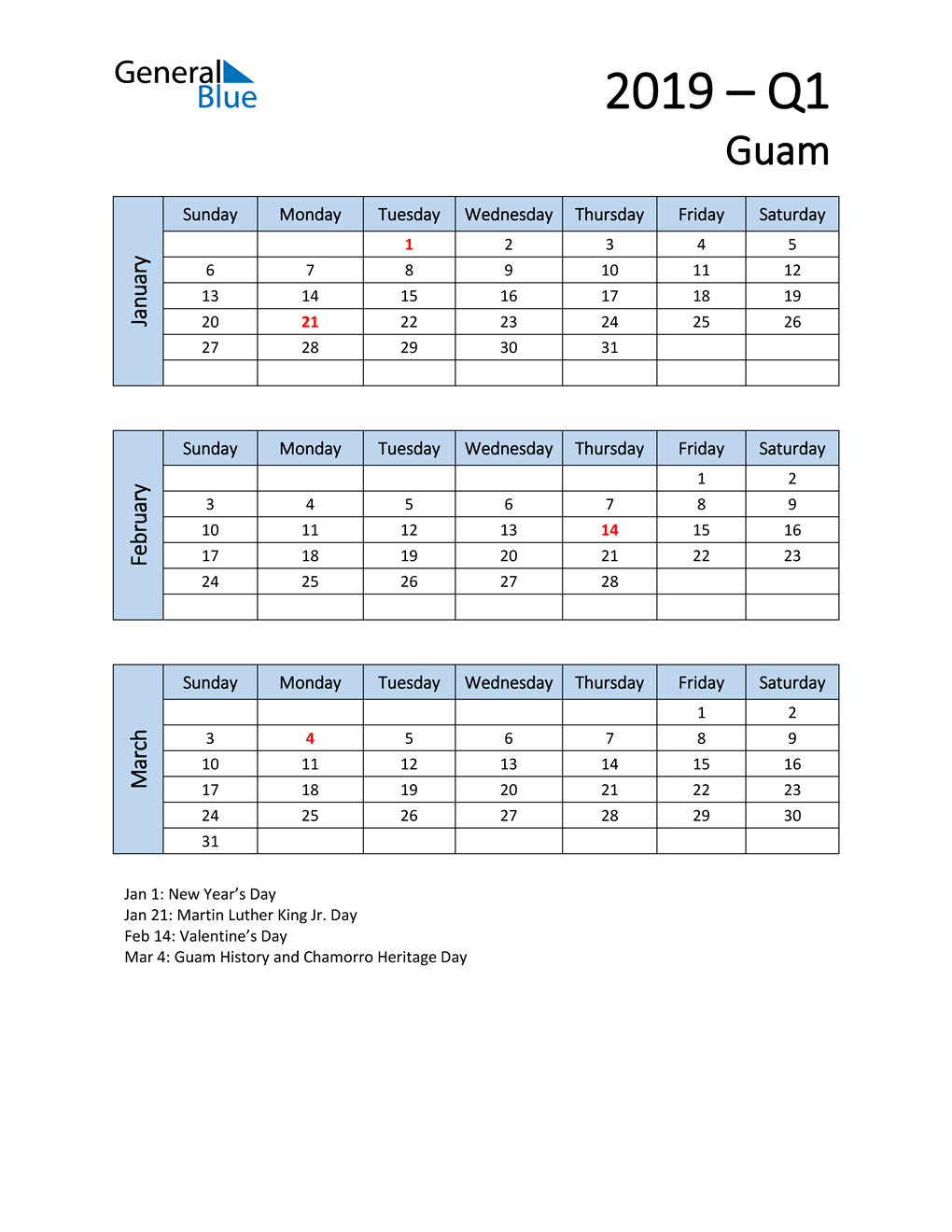  Free Q1 2019 Calendar for Guam
