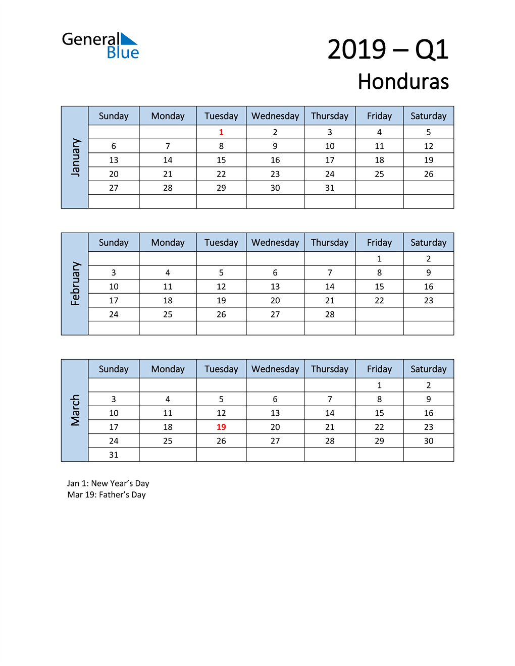  Free Q1 2019 Calendar for Honduras