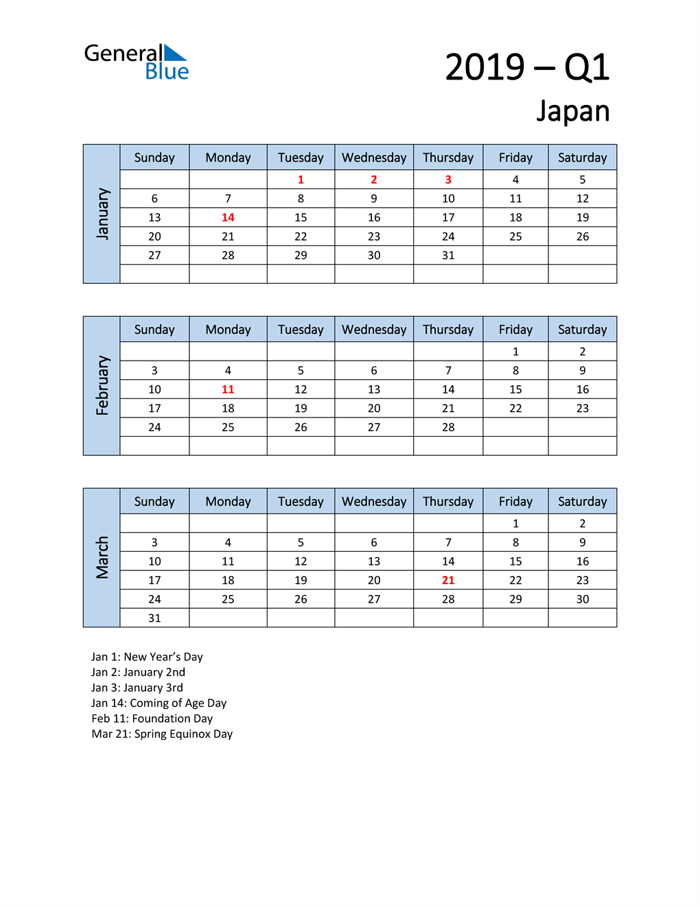  Free Q1 2019 Calendar for Japan