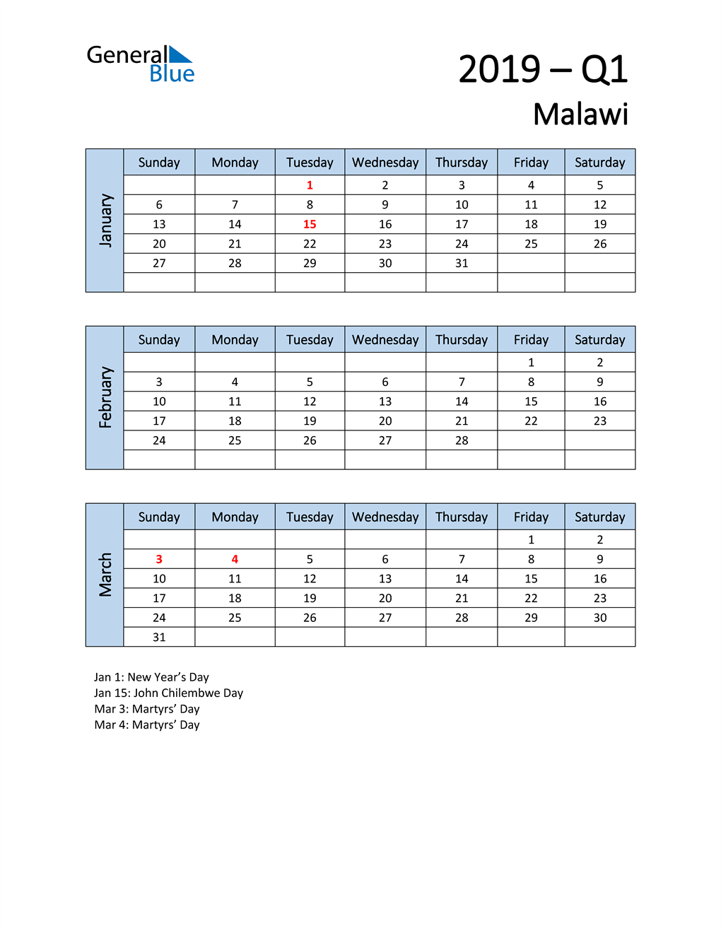  Free Q1 2019 Calendar for Malawi