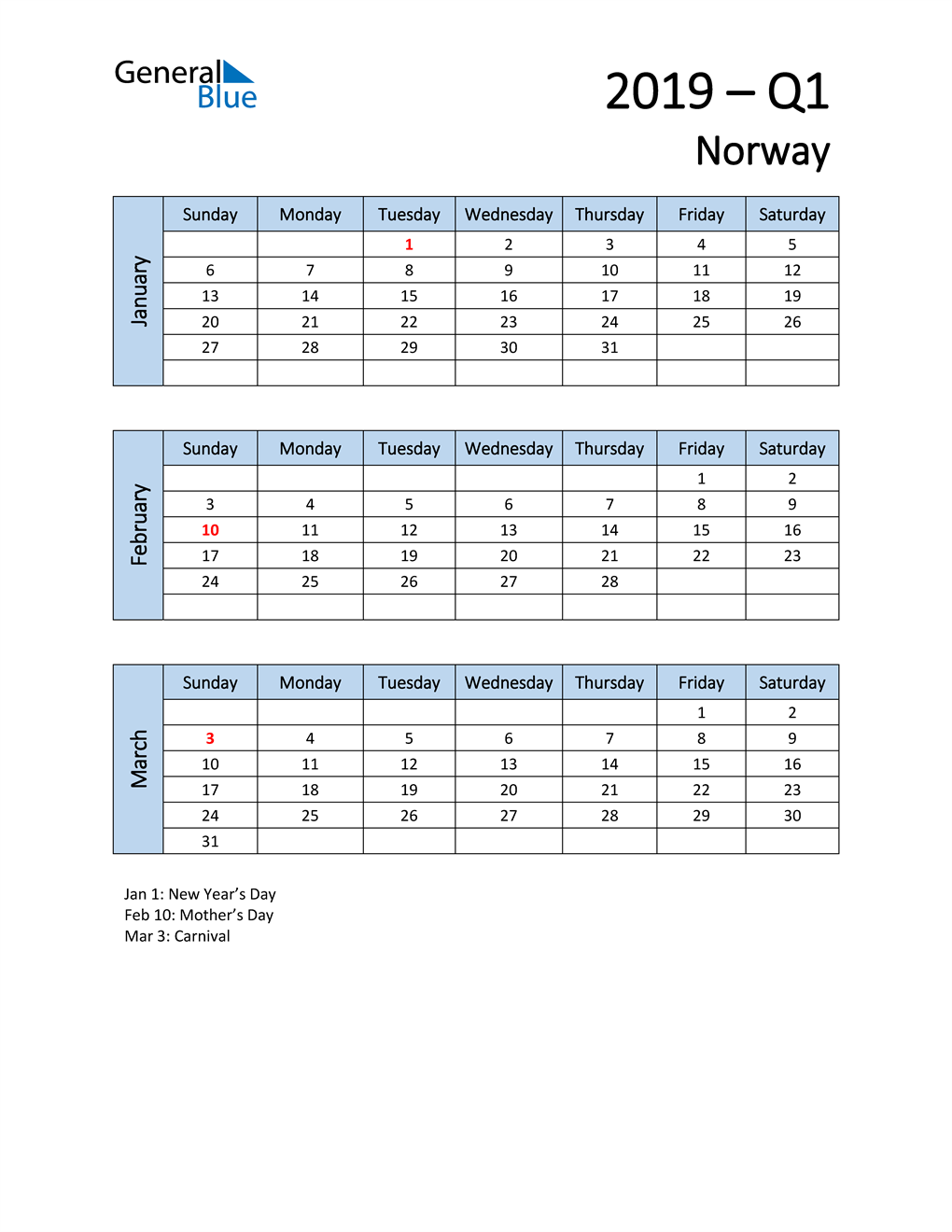  Free Q1 2019 Calendar for Norway