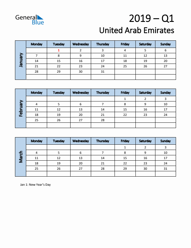 Free Q1 2019 Calendar for United Arab Emirates - Monday Start