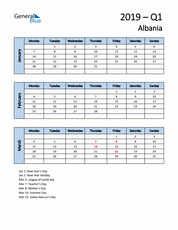 Free Q1 2019 Calendar for Albania - Monday Start