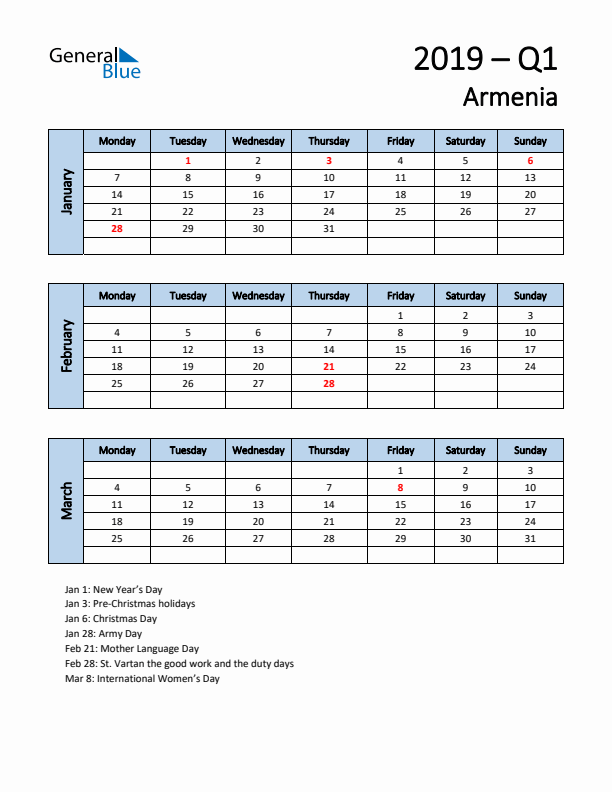 Free Q1 2019 Calendar for Armenia - Monday Start