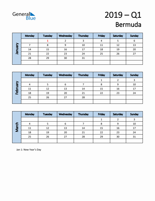 Free Q1 2019 Calendar for Bermuda - Monday Start