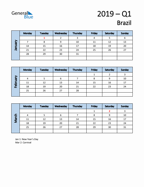Free Q1 2019 Calendar for Brazil - Monday Start