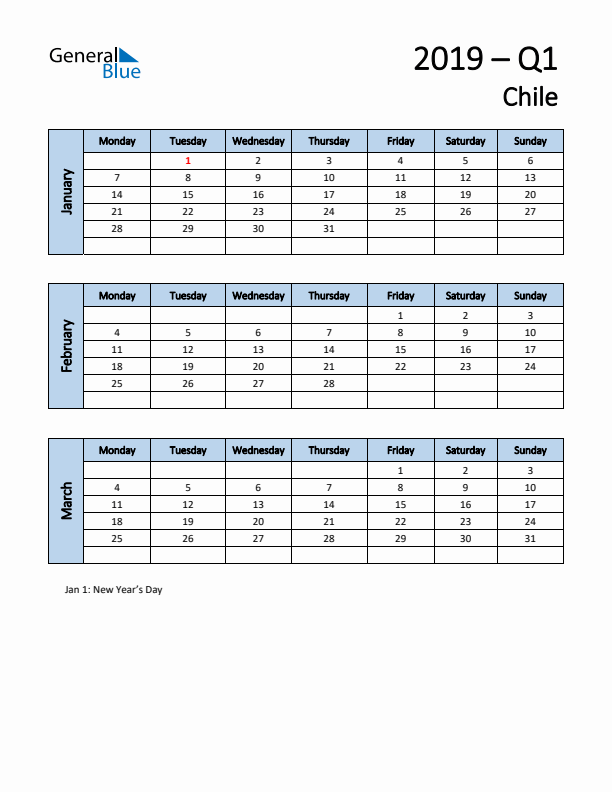 Free Q1 2019 Calendar for Chile - Monday Start