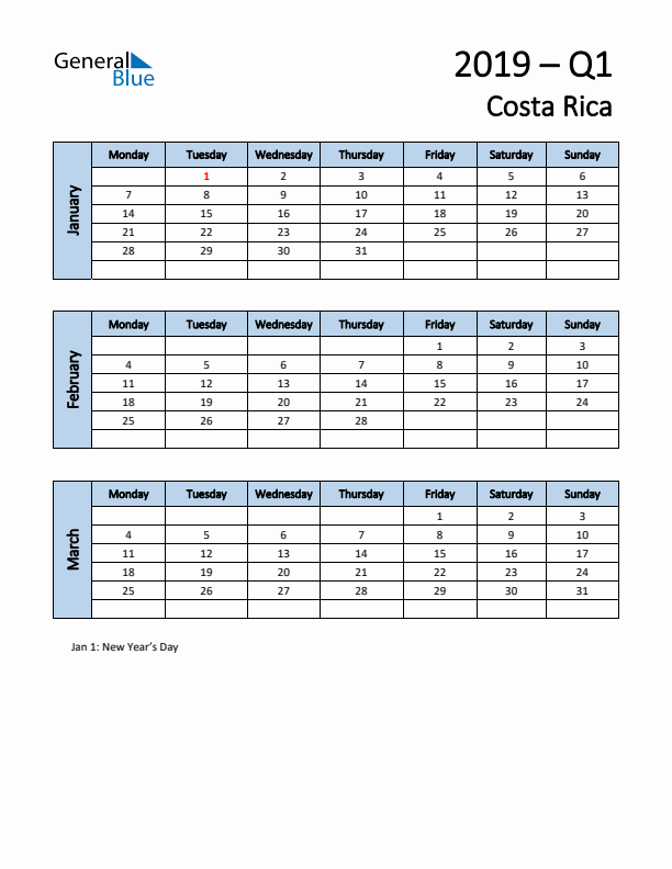 Free Q1 2019 Calendar for Costa Rica - Monday Start