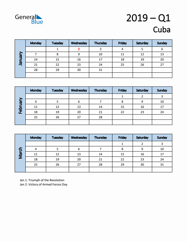 Free Q1 2019 Calendar for Cuba - Monday Start
