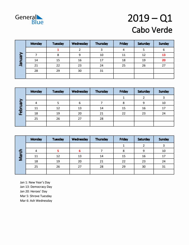 Free Q1 2019 Calendar for Cabo Verde - Monday Start