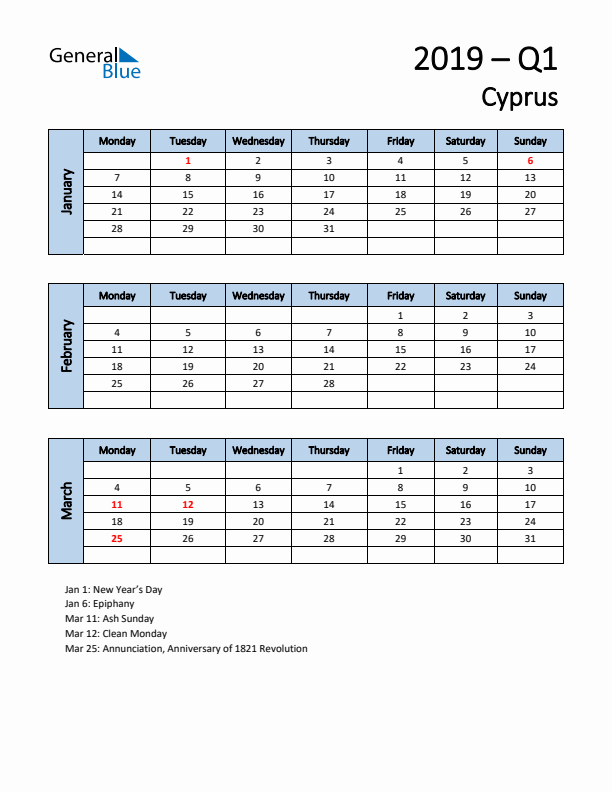 Free Q1 2019 Calendar for Cyprus - Monday Start