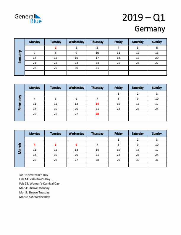 Free Q1 2019 Calendar for Germany - Monday Start