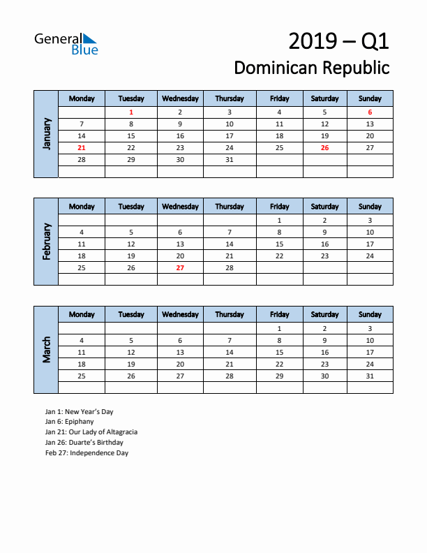 Free Q1 2019 Calendar for Dominican Republic - Monday Start