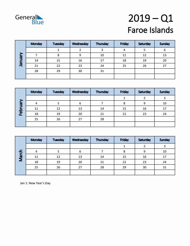 Free Q1 2019 Calendar for Faroe Islands - Monday Start
