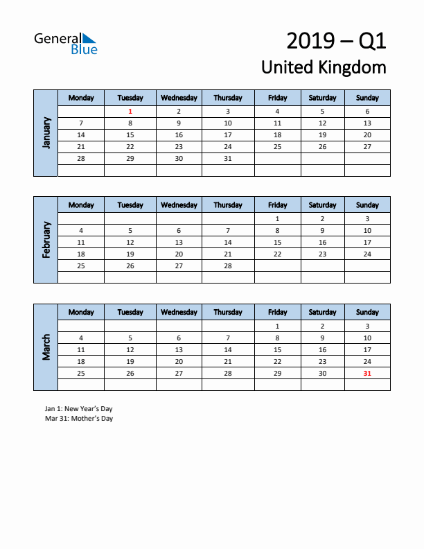 Free Q1 2019 Calendar for United Kingdom - Monday Start