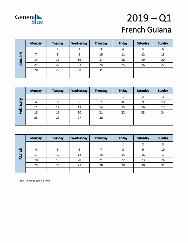 Free Q1 2019 Calendar for French Guiana - Monday Start