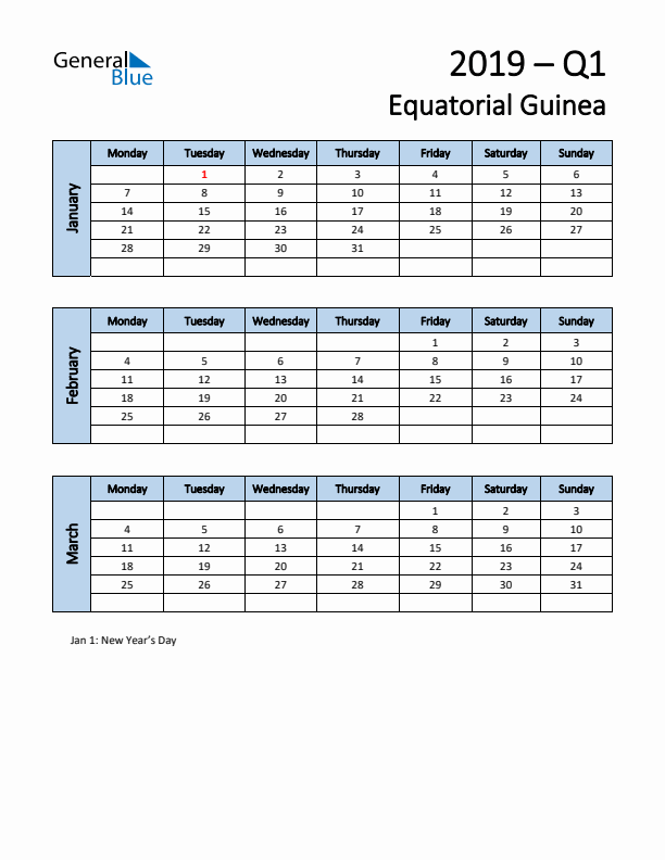 Free Q1 2019 Calendar for Equatorial Guinea - Monday Start