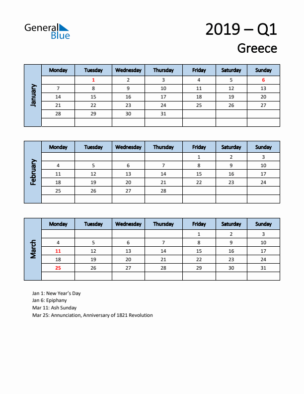 Free Q1 2019 Calendar for Greece - Monday Start