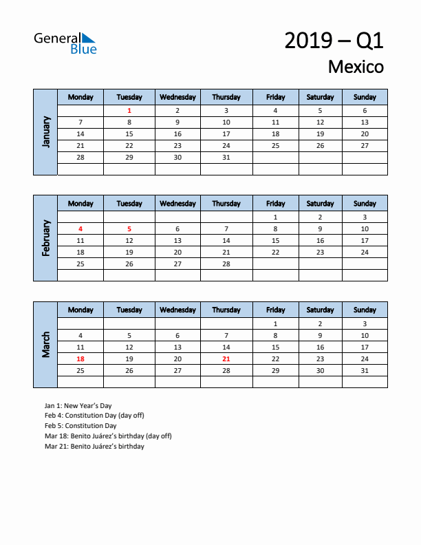Free Q1 2019 Calendar for Mexico - Monday Start