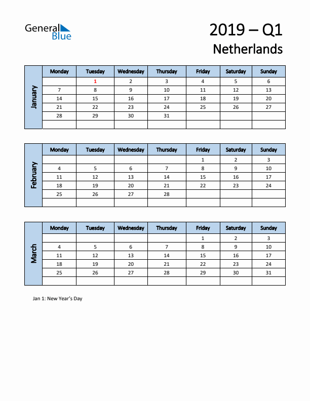 Free Q1 2019 Calendar for The Netherlands - Monday Start