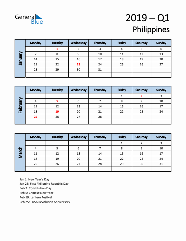 Free Q1 2019 Calendar for Philippines - Monday Start