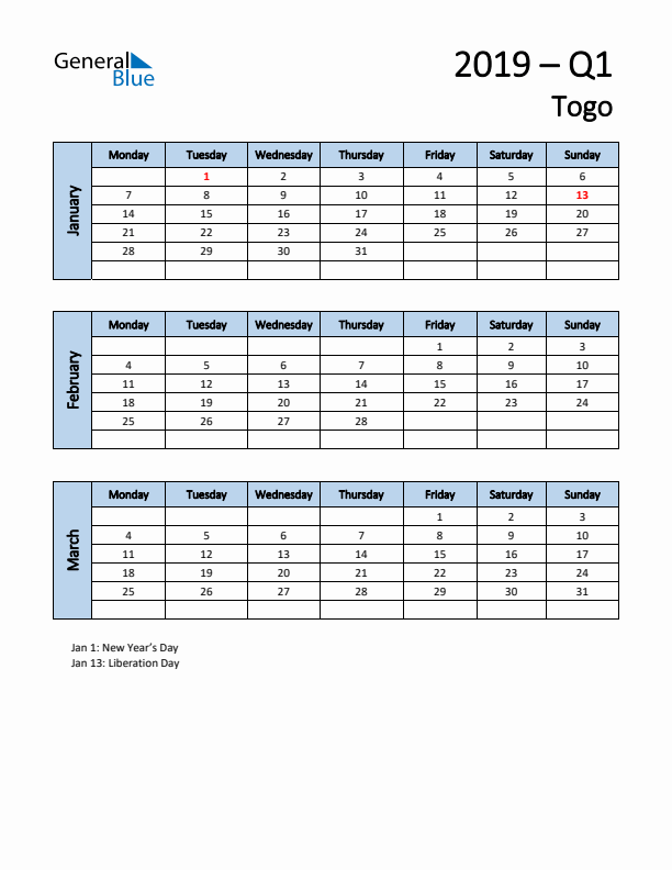 Free Q1 2019 Calendar for Togo - Monday Start