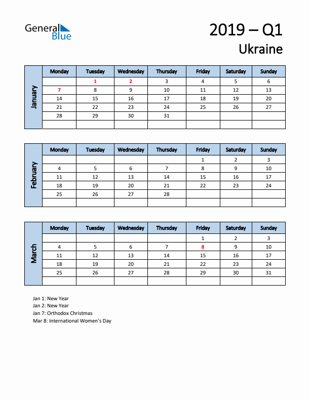 Free Q1 2019 Calendar for Ukraine - Monday Start