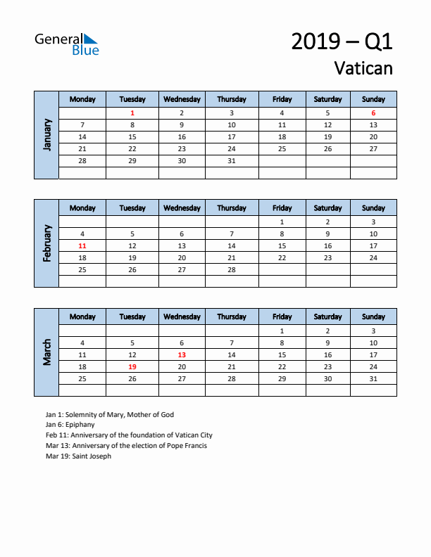 Free Q1 2019 Calendar for Vatican - Monday Start