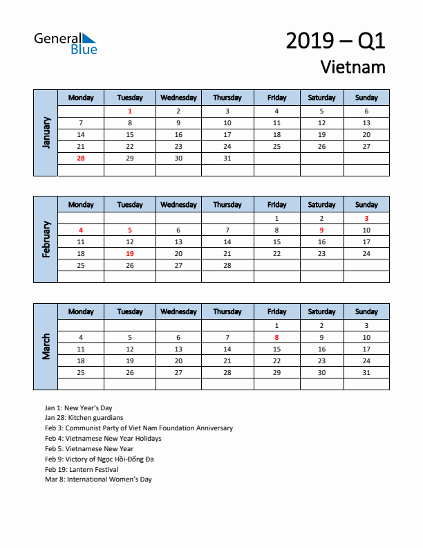 Free Q1 2019 Calendar for Vietnam - Monday Start
