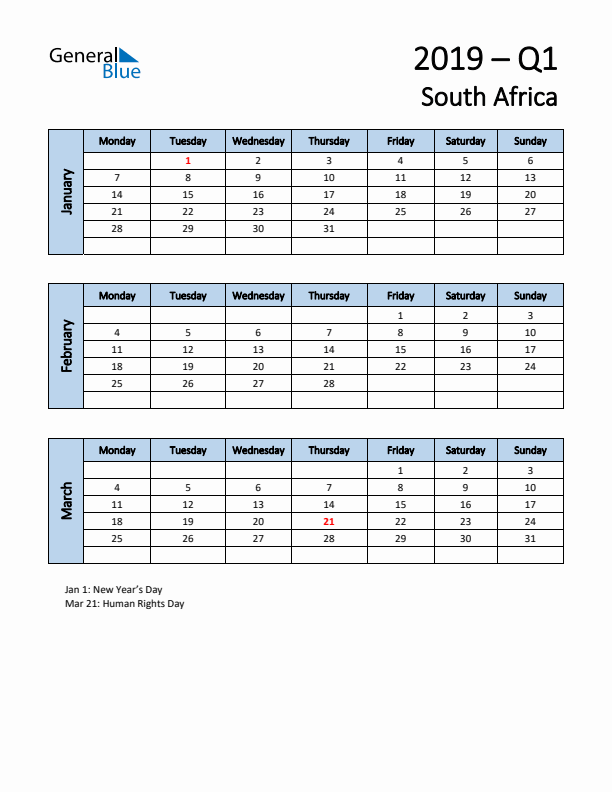 Free Q1 2019 Calendar for South Africa - Monday Start