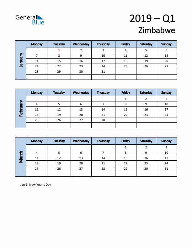 Free Q1 2019 Calendar for Zimbabwe - Monday Start
