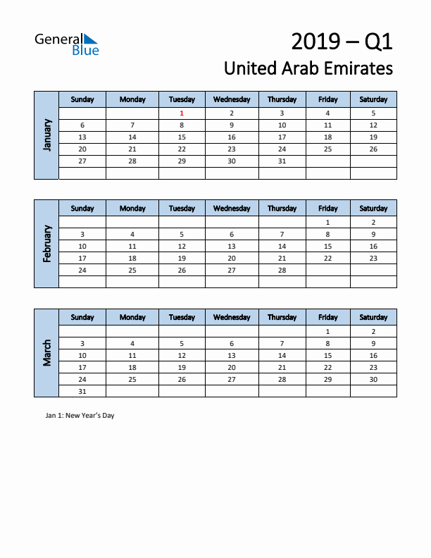 Free Q1 2019 Calendar for United Arab Emirates - Sunday Start