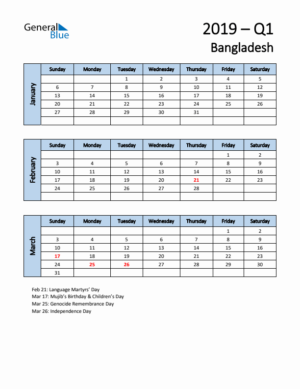 Free Q1 2019 Calendar for Bangladesh - Sunday Start