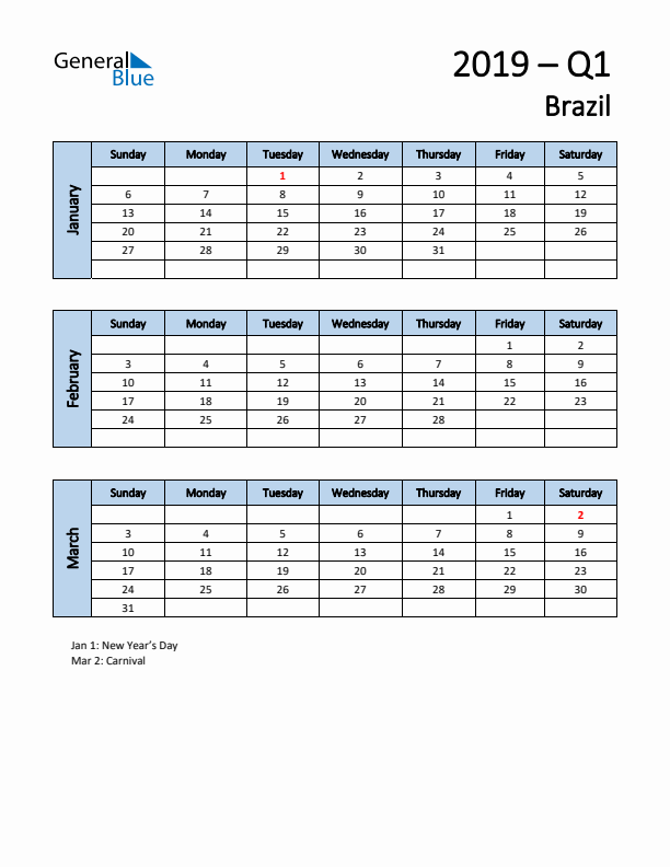 Free Q1 2019 Calendar for Brazil - Sunday Start