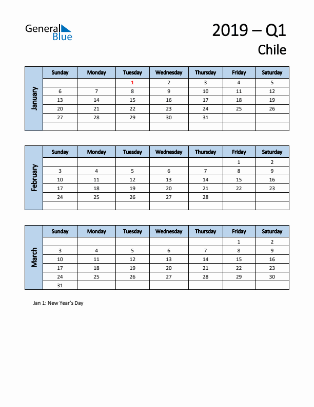 Free Q1 2019 Calendar for Chile - Sunday Start