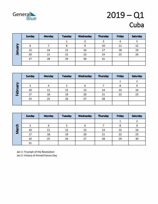 Free Q1 2019 Calendar for Cuba - Sunday Start