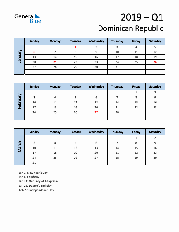 Free Q1 2019 Calendar for Dominican Republic - Sunday Start