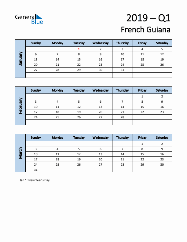 Free Q1 2019 Calendar for French Guiana - Sunday Start