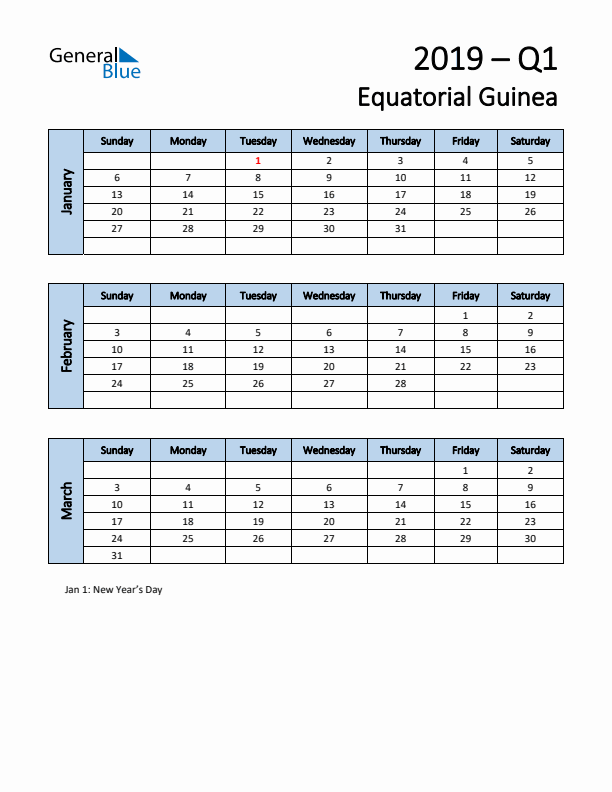 Free Q1 2019 Calendar for Equatorial Guinea - Sunday Start