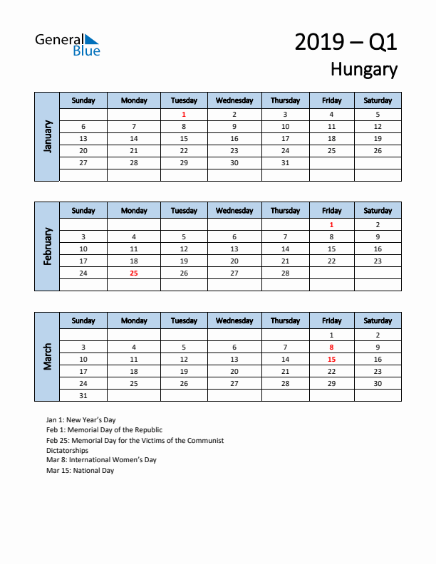 Free Q1 2019 Calendar for Hungary - Sunday Start