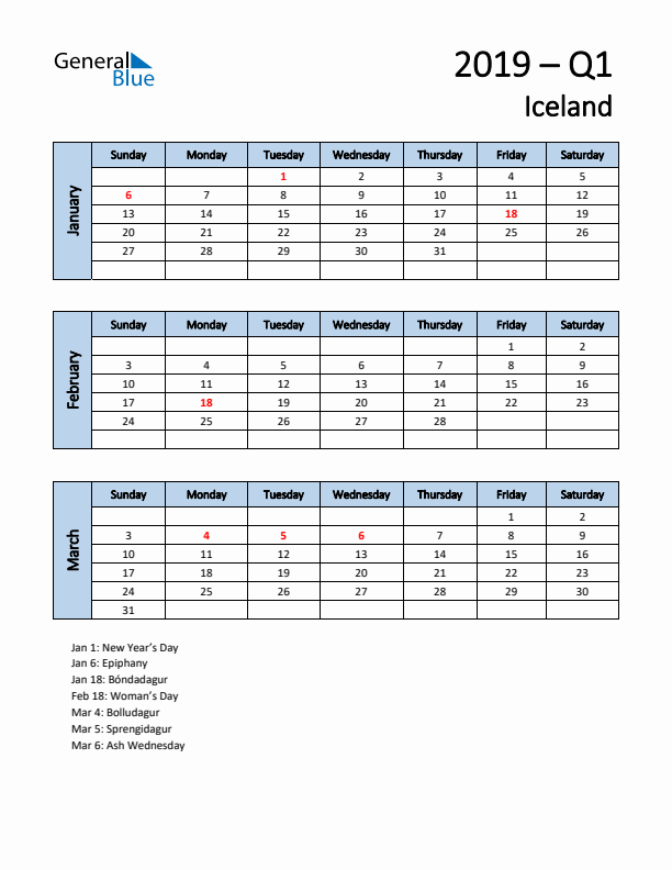 Free Q1 2019 Calendar for Iceland - Sunday Start